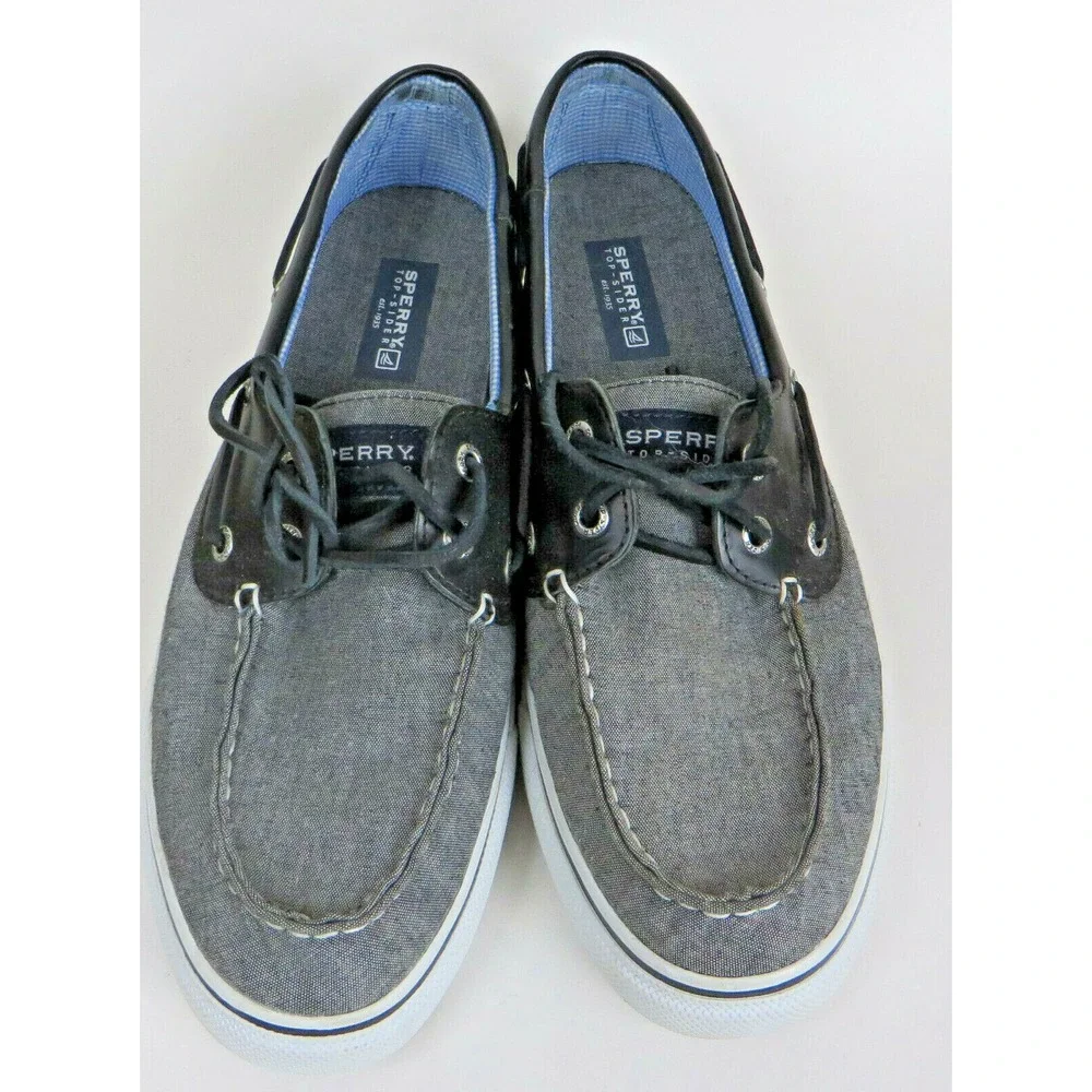 Mens Sperry Top-Sider Black & Gray Leather & Canvas Boat Dock Shoes Size 9.5 M